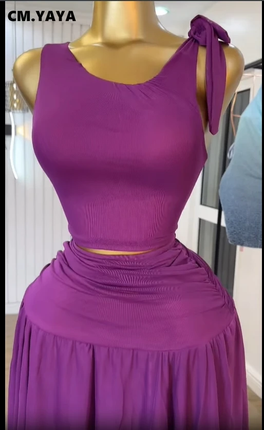 CM.YAYA Women Tie Up Shoulder Sleeveless Knit Tank Top and Irregular Maxi Long Skirt Suit 2025 Summer Two 2 Piece Set Outfits