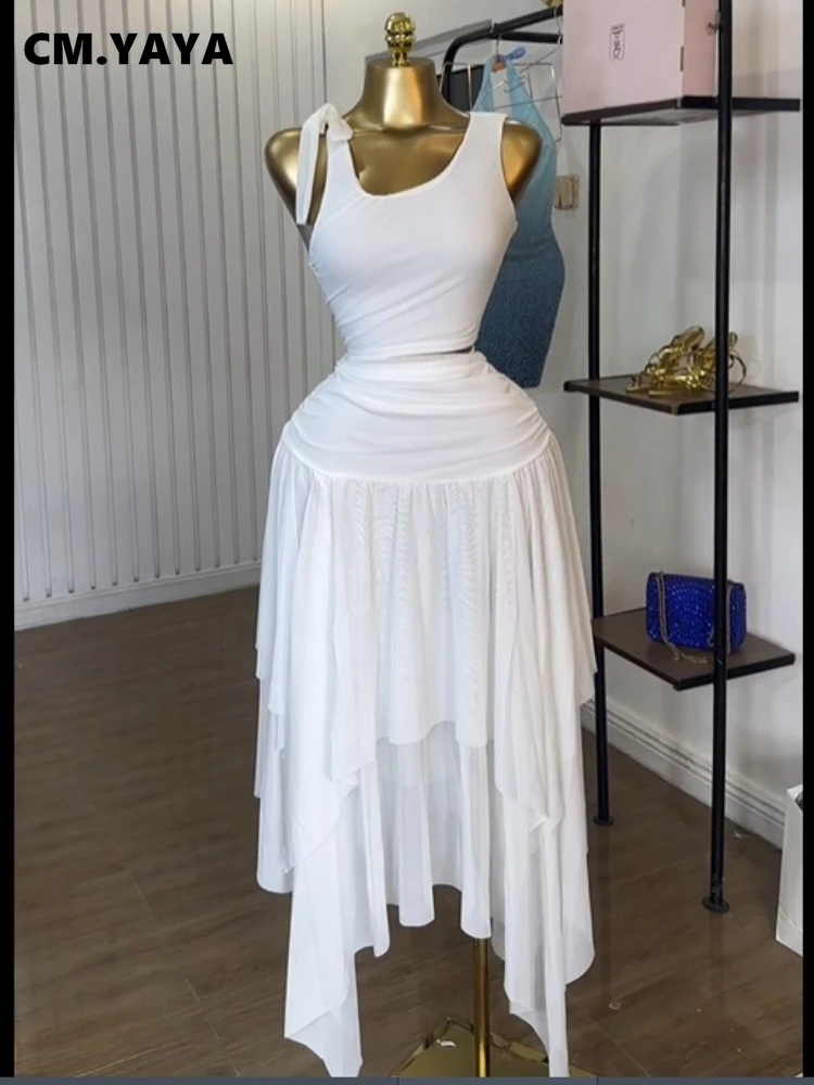 CM.YAYA Women Tie Up Shoulder Sleeveless Knit Tank Top and Irregular Maxi Long Skirt Suit 2025 Summer Two 2 Piece Set Outfits