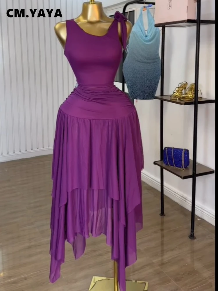 CM.YAYA Women Tie Up Shoulder Sleeveless Knit Tank Top and Irregular Maxi Long Skirt Suit 2025 Summer Two 2 Piece Set Outfits