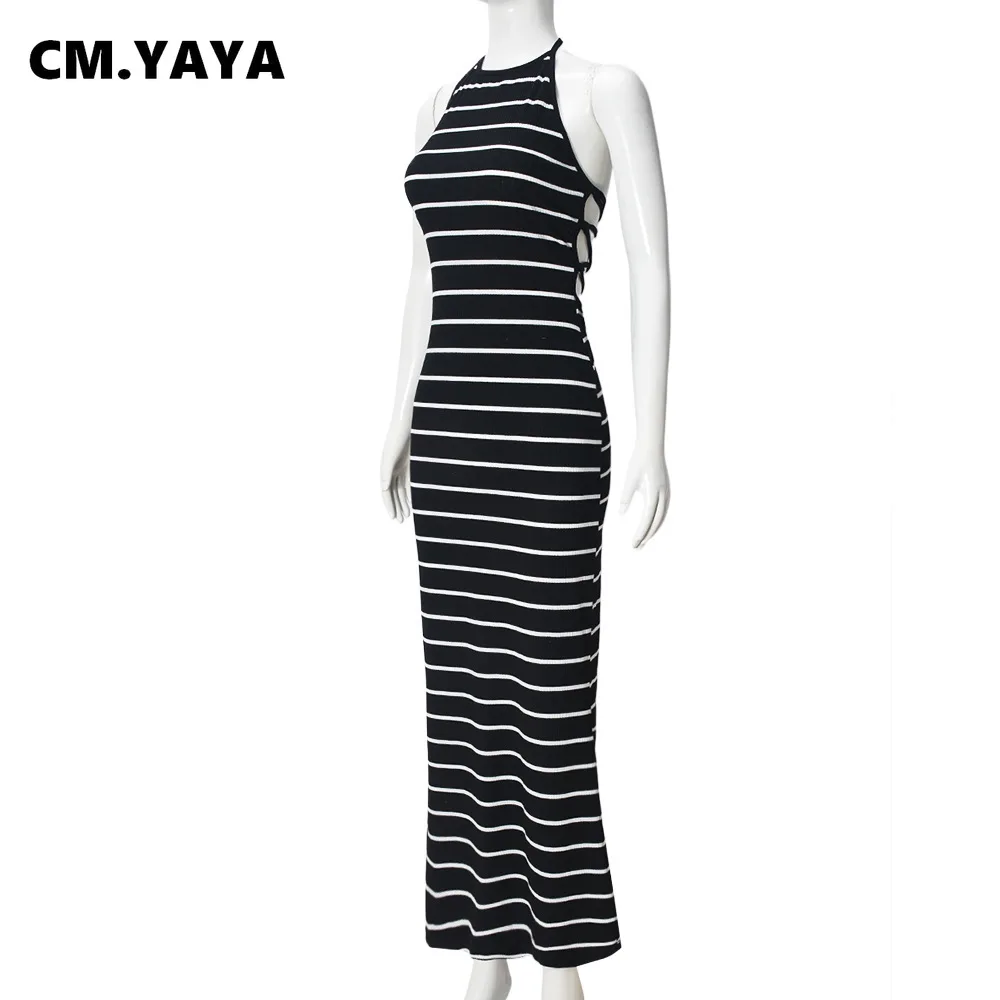 CM.YAYA Women Sleeveless O-neck Halter Backless Long Dress Summer Striped Print Evening Sexy Night Club Party Dresses Vestidos