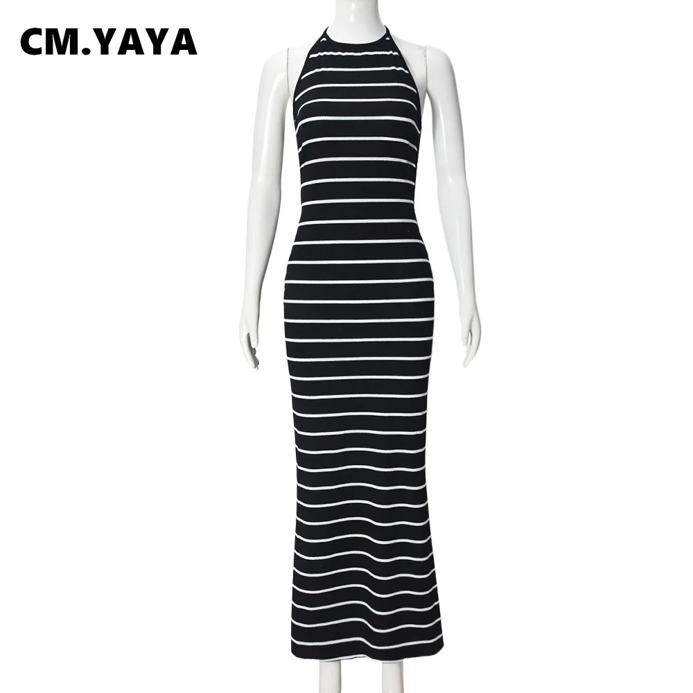 CM.YAYA Women Sleeveless O-neck Halter Backless Long Dress Summer Striped Print Evening Sexy Night Club Party Dresses Vestidos