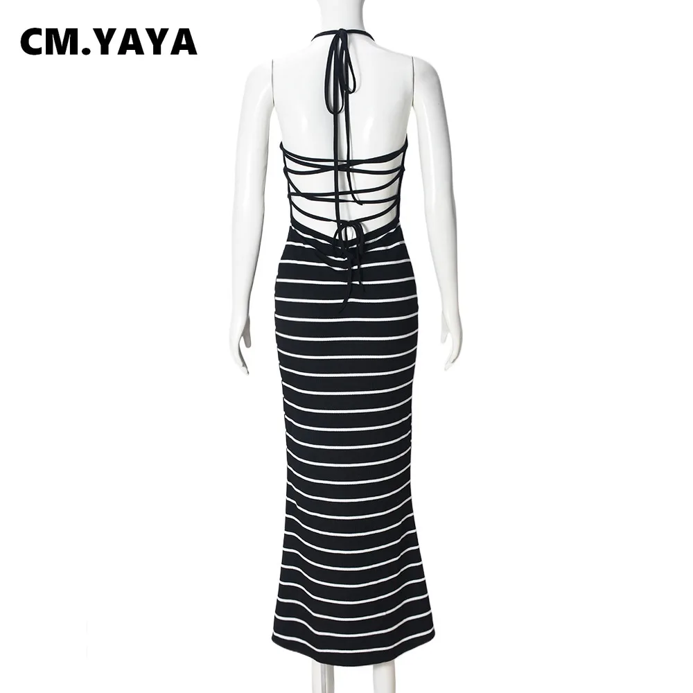 CM.YAYA Women Sleeveless O-neck Halter Backless Long Dress Summer Striped Print Evening Sexy Night Club Party Dresses Vestidos