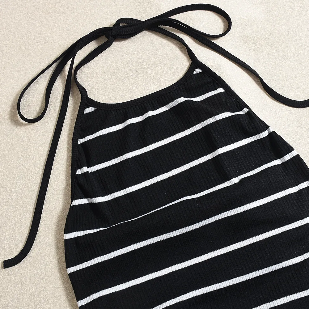 CM.YAYA Women Sleeveless O-neck Halter Backless Long Dress Summer Striped Print Evening Sexy Night Club Party Dresses Vestidos