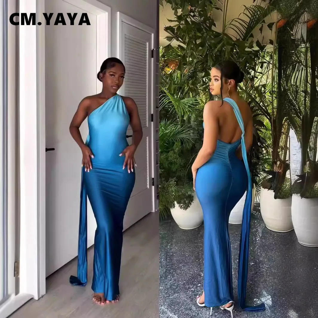 CM.YAYA Women Stacked Sleeveless Skew Collar Gradient Maxi Bodycon Long Dress 2025 Spring Evening Sexy Party Dresses Vestidos