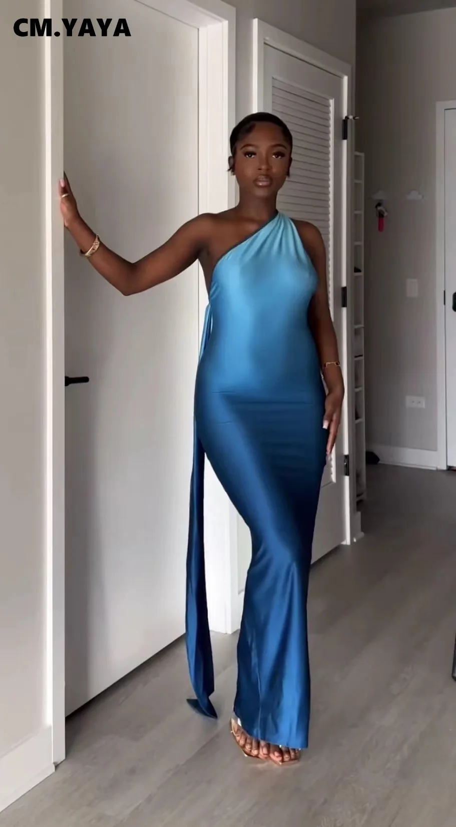 CM.YAYA Women Stacked Sleeveless Skew Collar Gradient Maxi Bodycon Long Dress 2025 Spring Evening Sexy Party Dresses Vestidos