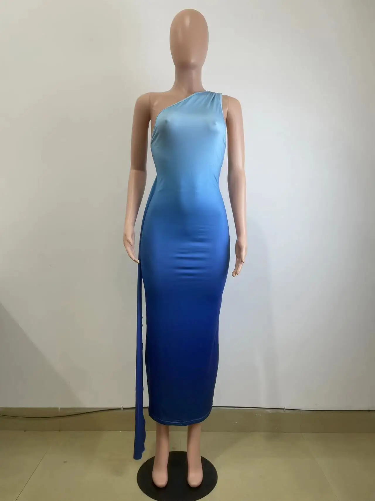 CM.YAYA Women Stacked Sleeveless Skew Collar Gradient Maxi Bodycon Long Dress 2025 Spring Evening Sexy Party Dresses Vestidos