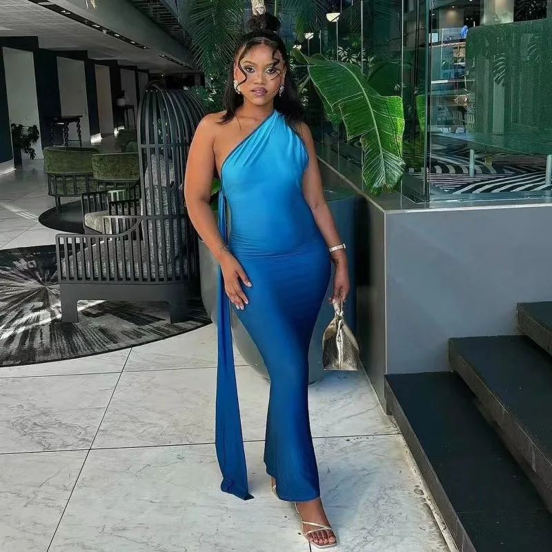 CM.YAYA Women Stacked Sleeveless Skew Collar Gradient Maxi Bodycon Long Dress 2025 Spring Evening Sexy Party Dresses Vestidos CM.YAYA Women Stacked Sleeveless Skew Collar Gradient Maxi Bodycon Long Dress 2025 Spring Evening Sexy Party Dresses Vestidos