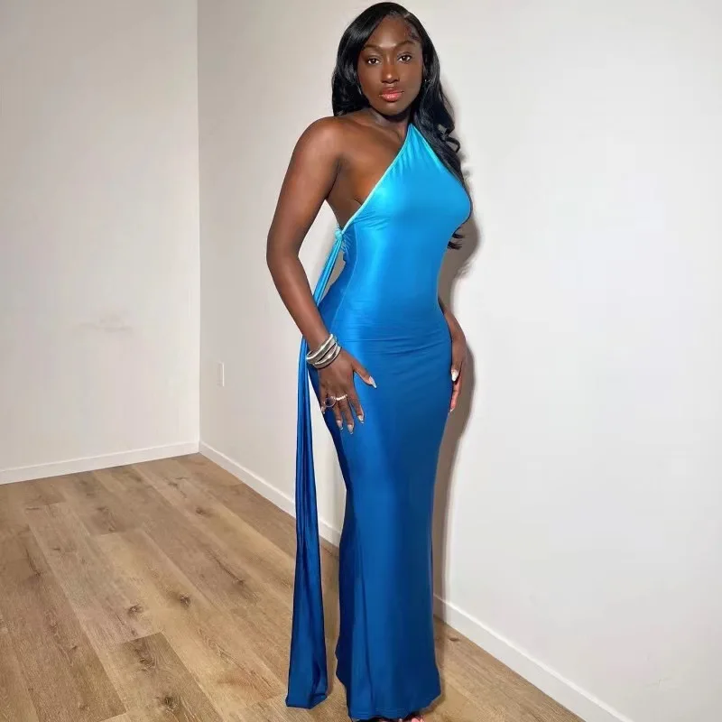 CM.YAYA Women Stacked Sleeveless Skew Collar Gradient Maxi Bodycon Long Dress 2025 Spring Evening Sexy Party Dresses Vestidos CM.YAYA Women Stacked Sleeveless Skew Collar Gradient Maxi Bodycon Long Dress 2025 Spring Evening Sexy Party Dresses Vestidos