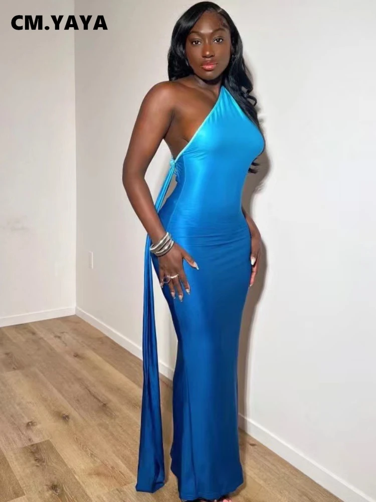 CM.YAYA Women Stacked Sleeveless Skew Collar Gradient Maxi Bodycon Long Dress 2025 Spring Evening Sexy Party Dresses Vestidos
