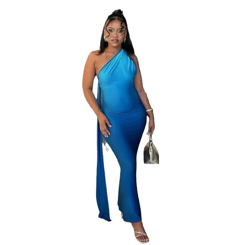 CM.YAYA Women Stacked Sleeveless Skew Collar Gradient Maxi Bodycon Long Dress 2025 Spring Evening Sexy Party Dresses Vestidos CM.YAYA Women Stacked Sleeveless Skew Collar Gradient Maxi Bodycon Long Dress 2025 Spring Evening Sexy Party Dresses Vestidos