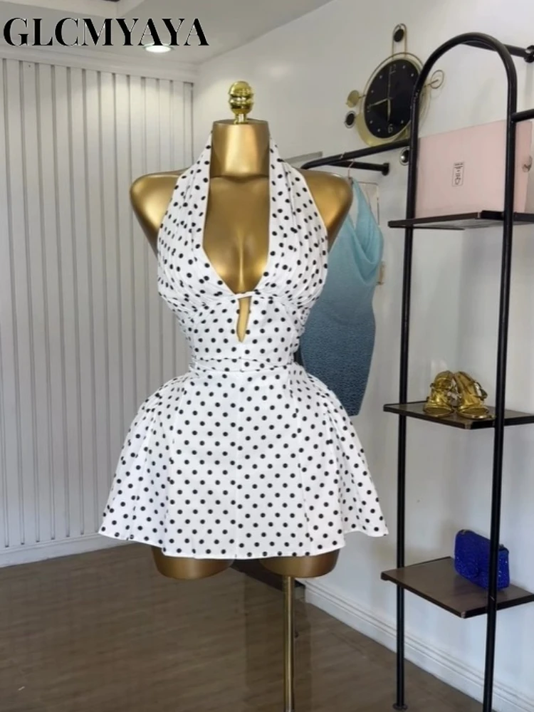 GLCMYAYA Women Dot Printed Halter Neck Backless Pleated Front A-line Mini Dress 2025 Vacation Holiday Elegant Sexy Party Dresses