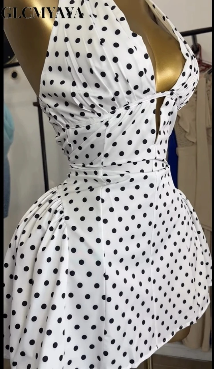 GLCMYAYA Women Dot Printed Halter Neck Backless Pleated Front A-line Mini Dress 2025 Vacation Holiday Elegant Sexy Party Dresses GLCMYAYA Women Dot Printed Halter Neck Backless Pleated Front A-line Mini Dress 2025 Vacation Holiday Elegant Sexy Party Dresses