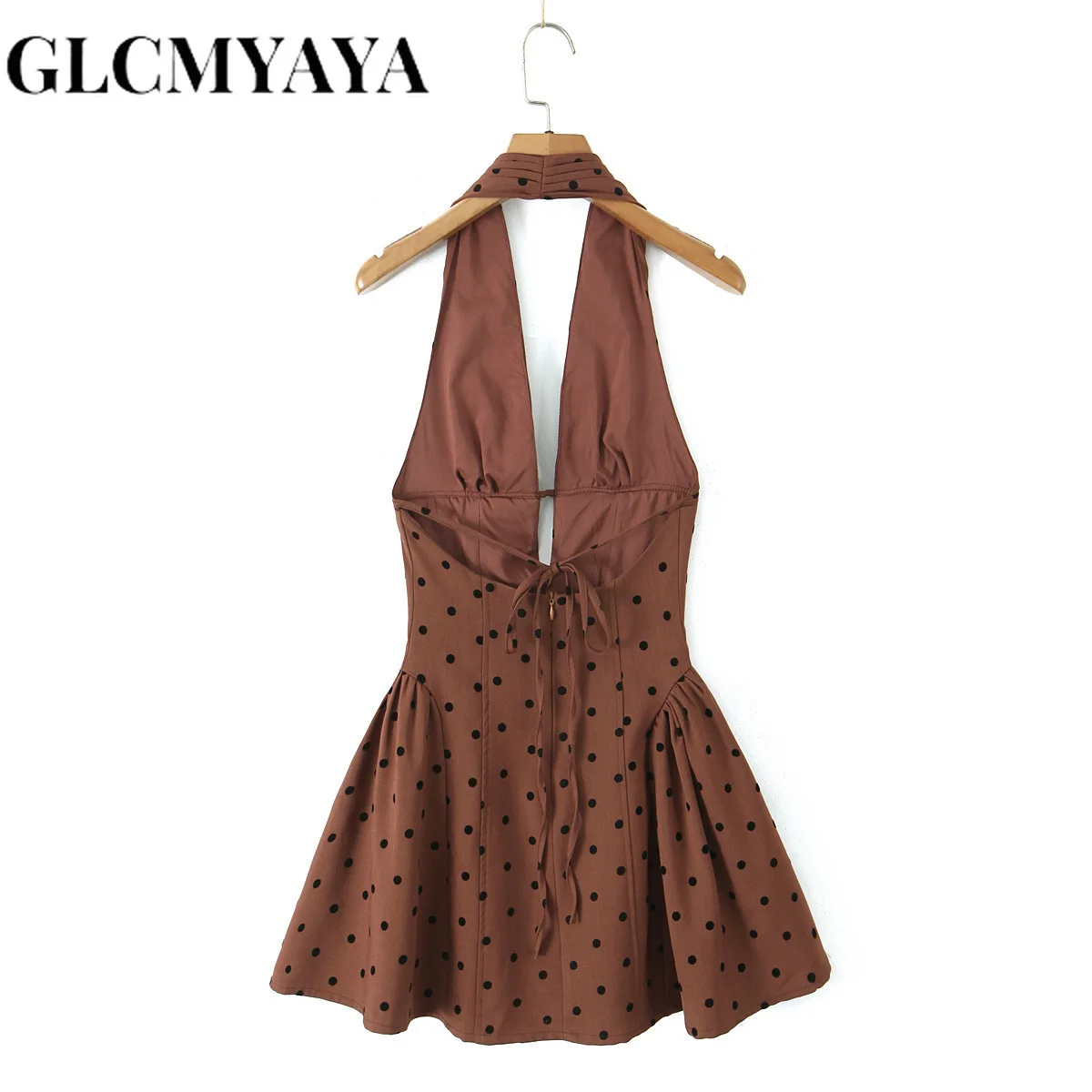GLCMYAYA Women Dot Printed Halter Neck Backless Pleated Front A-line Mini Dress 2025 Vacation Holiday Elegant Sexy Party Dresses GLCMYAYA Women Dot Printed Halter Neck Backless Pleated Front A-line Mini Dress 2025 Vacation Holiday Elegant Sexy Party Dresses