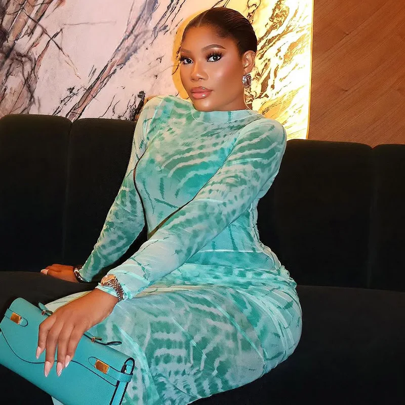 CM.YAYA Women Tie Dye Printed O-neck Bodycon Midi Maxi Long Dress 2025 Summer Holiday Birthday Sexy Club Party Evening Dresses