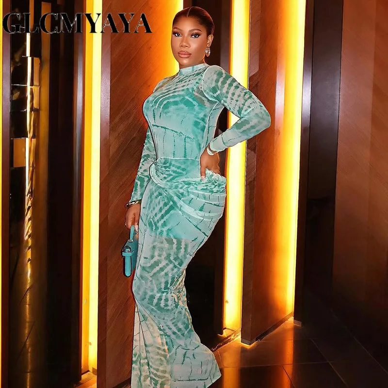 CM.YAYA Women Tie Dye Printed O-neck Bodycon Midi Maxi Long Dress 2025 Summer Holiday Birthday Sexy Club Party Evening Dresses