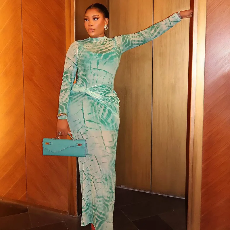 CM.YAYA Women Tie Dye Printed O-neck Bodycon Midi Maxi Long Dress 2025 Summer Holiday Birthday Sexy Club Party Evening Dresses