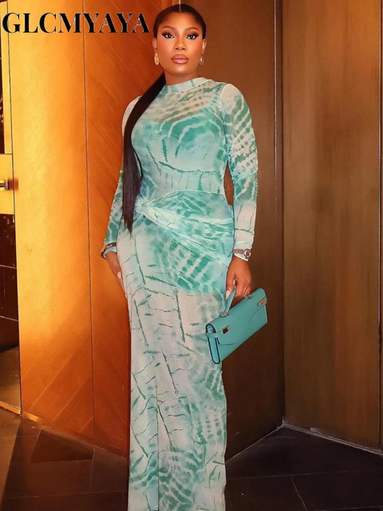 CM.YAYA Women Tie Dye Printed O-neck Bodycon Midi Maxi Long Dress 2025 Summer Holiday Birthday Sexy Club Party Evening Dresses