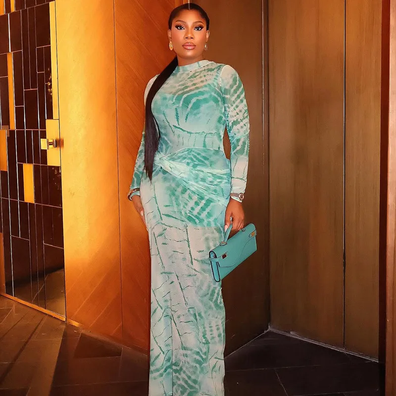 CM.YAYA Women Tie Dye Printed O-neck Bodycon Midi Maxi Long Dress 2025 Summer Holiday Birthday Sexy Club Party Evening Dresses