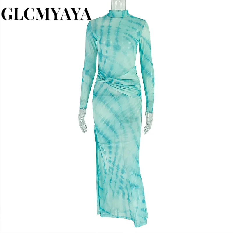 CM.YAYA Women Tie Dye Printed O-neck Bodycon Midi Maxi Long Dress 2025 Summer Holiday Birthday Sexy Club Party Evening Dresses