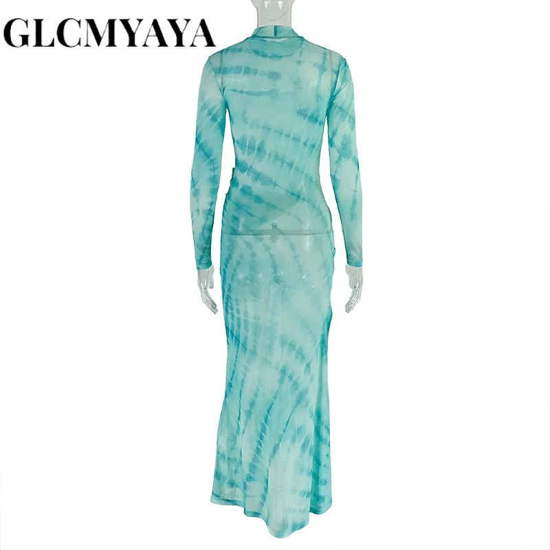 CM.YAYA Women Tie Dye Printed O-neck Bodycon Midi Maxi Long Dress 2025 Summer Holiday Birthday Sexy Club Party Evening Dresses