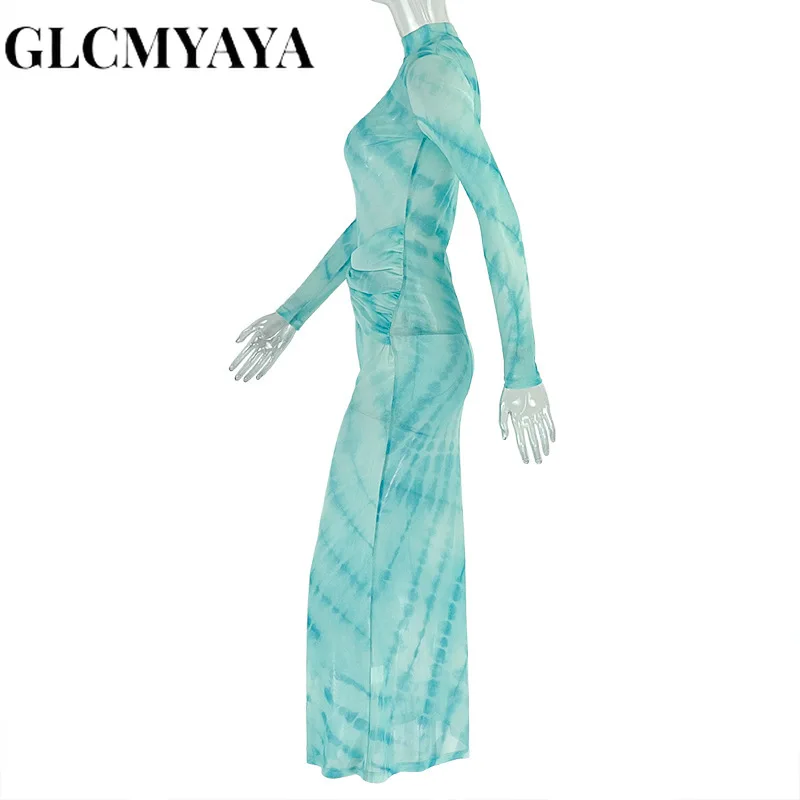 CM.YAYA Women Tie Dye Printed O-neck Bodycon Midi Maxi Long Dress 2025 Summer Holiday Birthday Sexy Club Party Evening Dresses