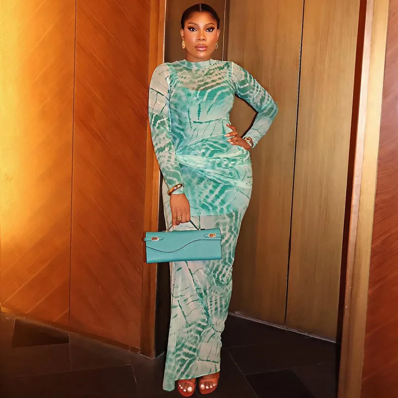 CM.YAYA Women Tie Dye Printed O-neck Bodycon Midi Maxi Long Dress 2025 Summer Holiday Birthday Sexy Club Party Evening Dresses