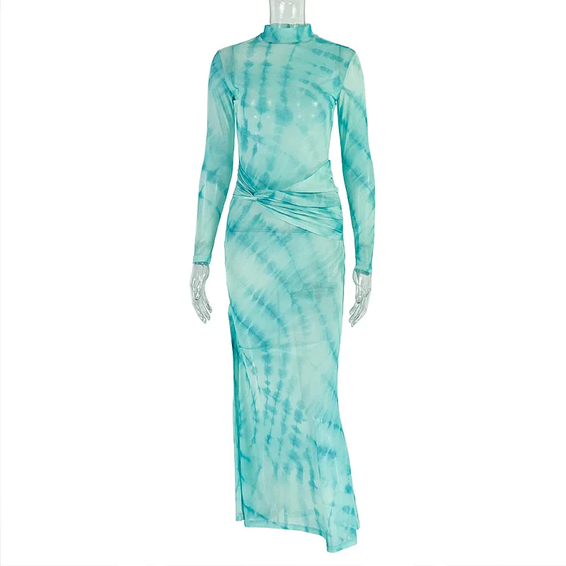 CM.YAYA Women Tie Dye Printed O-neck Bodycon Midi Maxi Long Dress 2025 Summer Holiday Birthday Sexy Club Party Evening Dresses