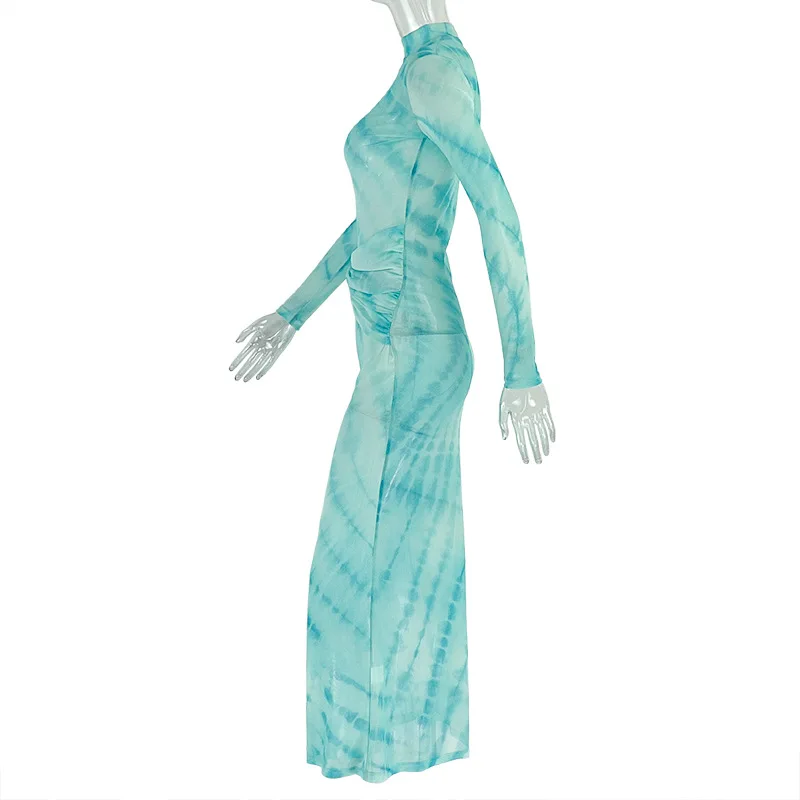 CM.YAYA Women Tie Dye Printed O-neck Bodycon Midi Maxi Long Dress 2025 Summer Holiday Birthday Sexy Club Party Evening Dresses