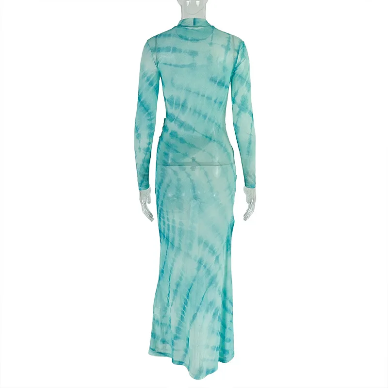 CM.YAYA Women Tie Dye Printed O-neck Bodycon Midi Maxi Long Dress 2025 Summer Holiday Birthday Sexy Club Party Evening Dresses