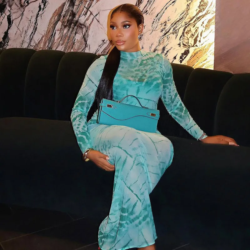 CM.YAYA Women Tie Dye Printed O-neck Bodycon Midi Maxi Long Dress 2025 Summer Holiday Birthday Sexy Club Party Evening Dresses