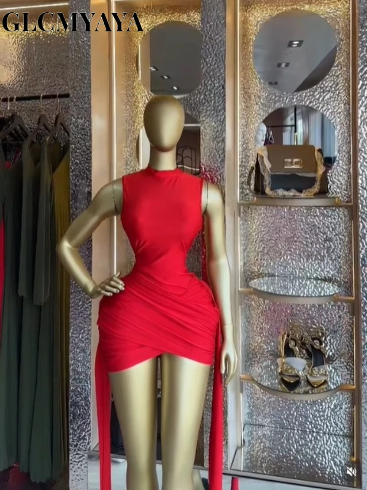 CM.YAYA Women Sleeveless Streamer Wrap Stacked Ruched Midi Formal Dress 2026 Elegant Education Party Cocktail Bodycon Dresses