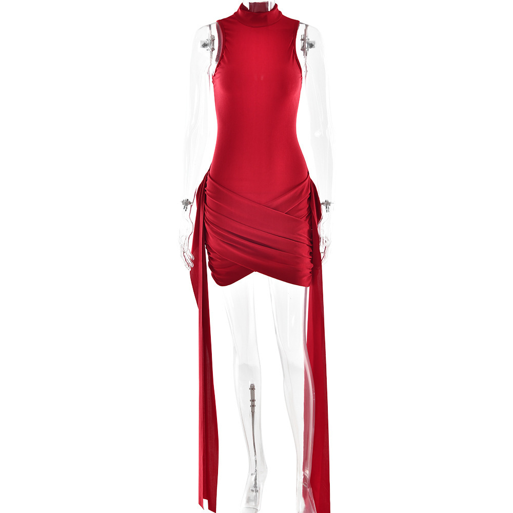 CM.YAYA Women Sleeveless Streamer Wrap Stacked Ruched Midi Formal Dress 2026 Elegant Education Party Cocktail Bodycon Dresses