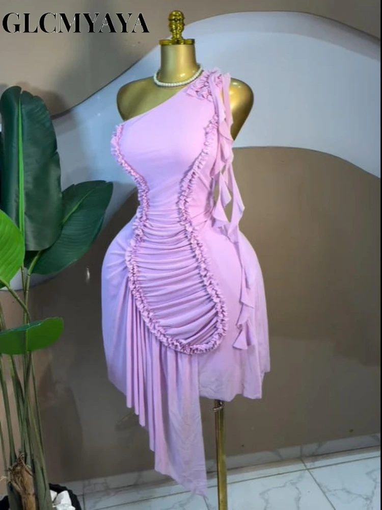 CM.YAYA Women Ruffles Streamer One Shoulder Irregular Midi Mini A-line Dress 2026 Elegant Birthday Party Dresses Trendy Vestidos