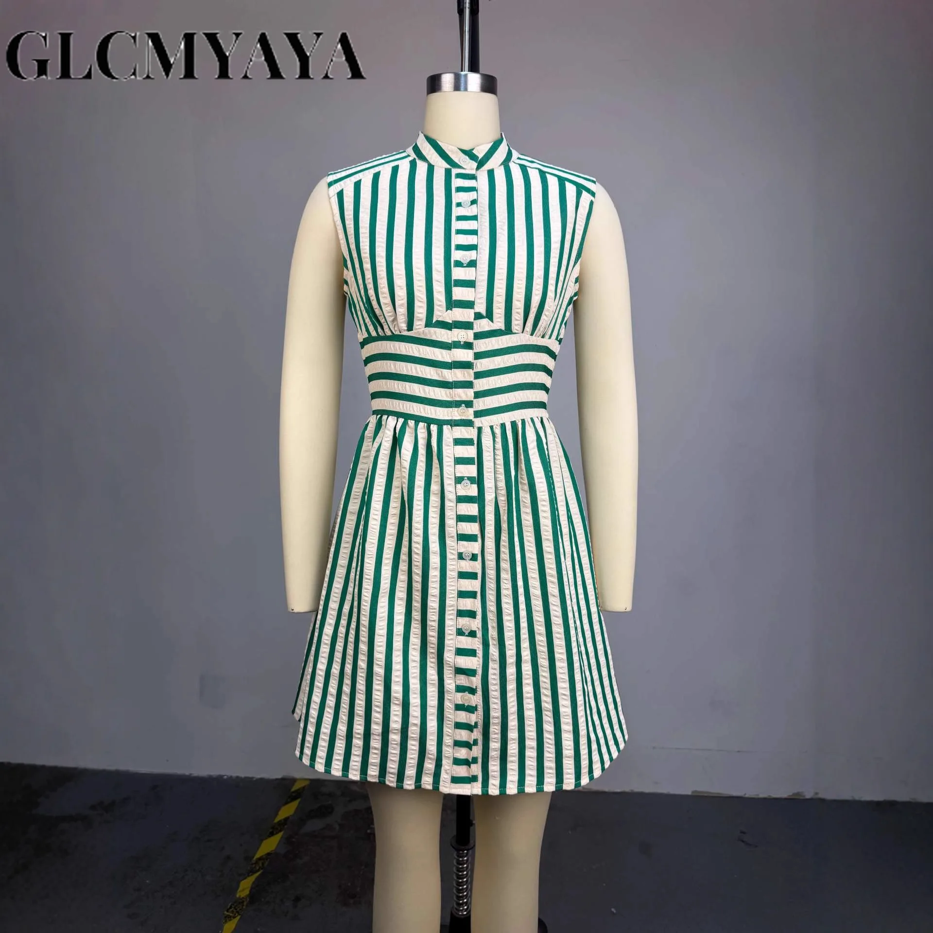 CM.YAYA Women Striped Print Sleeveless Bodycon Mini Dress 2025 Fall Street OL Birthday Vacation Sexy Party Evening Dresses