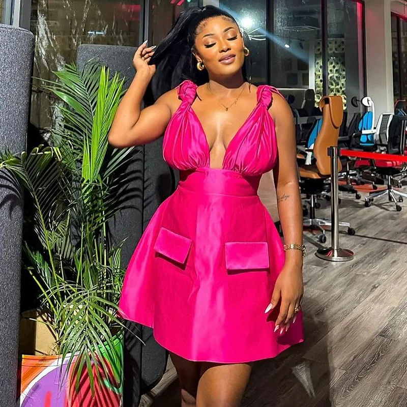 CM.YAYA Summer Women Sleeveless Elegant V-Neck High Waist A-Line Dress Bow Strap Backless Night Club Party Dresses Vestidos