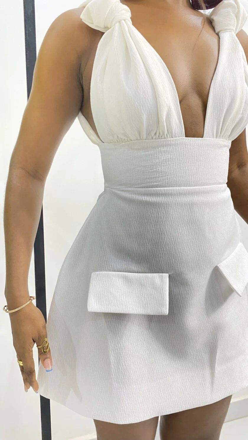 CM.YAYA Summer Women Sleeveless Elegant V-Neck High Waist A-Line Dress Bow Strap Backless Night Club Party Dresses Vestidos