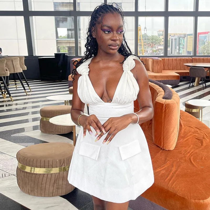 CM.YAYA Summer Women Sleeveless Elegant V-Neck High Waist A-Line Dress Bow Strap Backless Night Club Party Dresses Vestidos