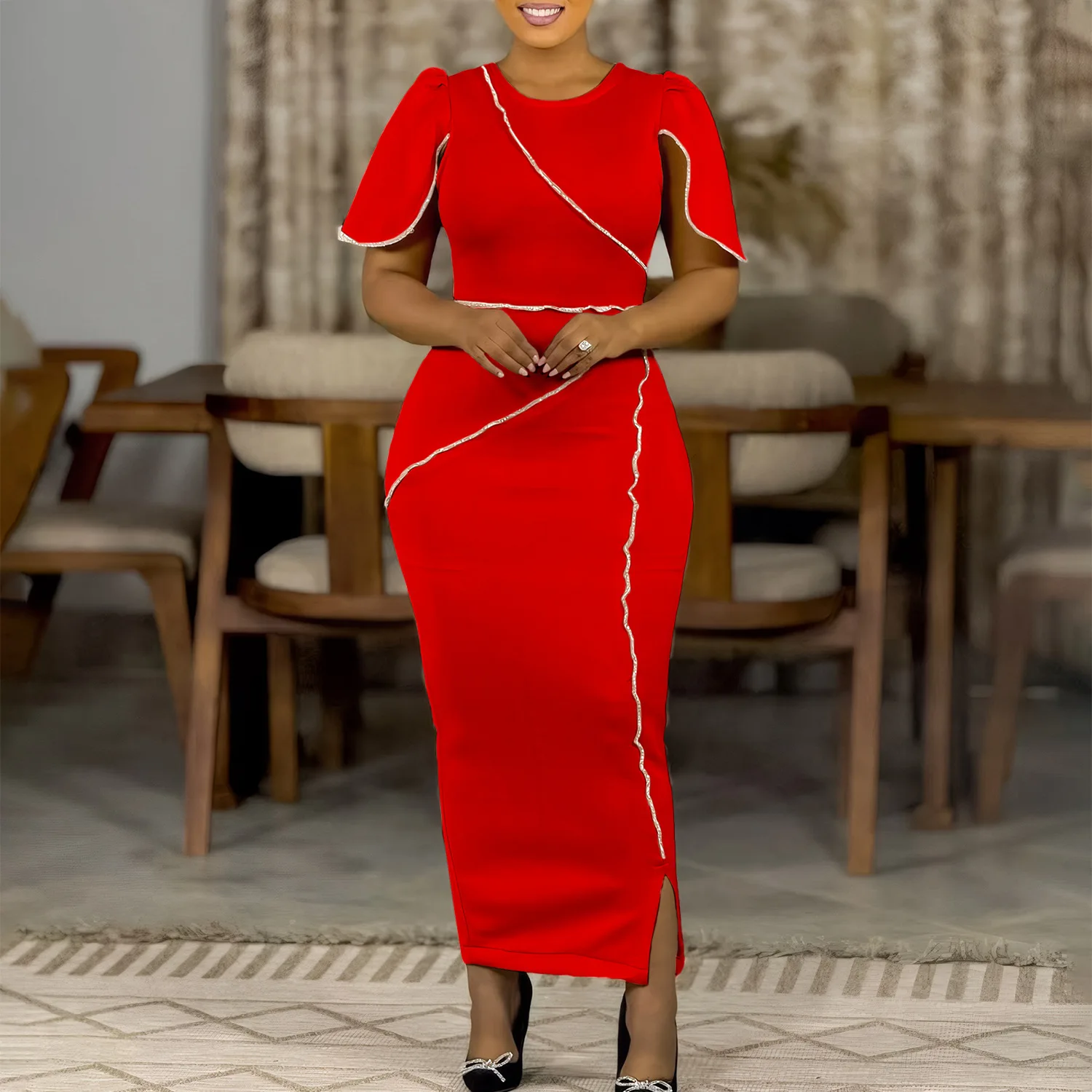 CM.YAYA Women Petal Full Sleeve O-neck Bodycon Midi Long Dress 2025 Spring OL Evening Party Night Club Africa Dresses Vestidos CM.YAYA Women Petal Full Sleeve O-neck Bodycon Midi Long Dress 2025 Spring OL Evening Party Night Club Africa Dresses Vestidos