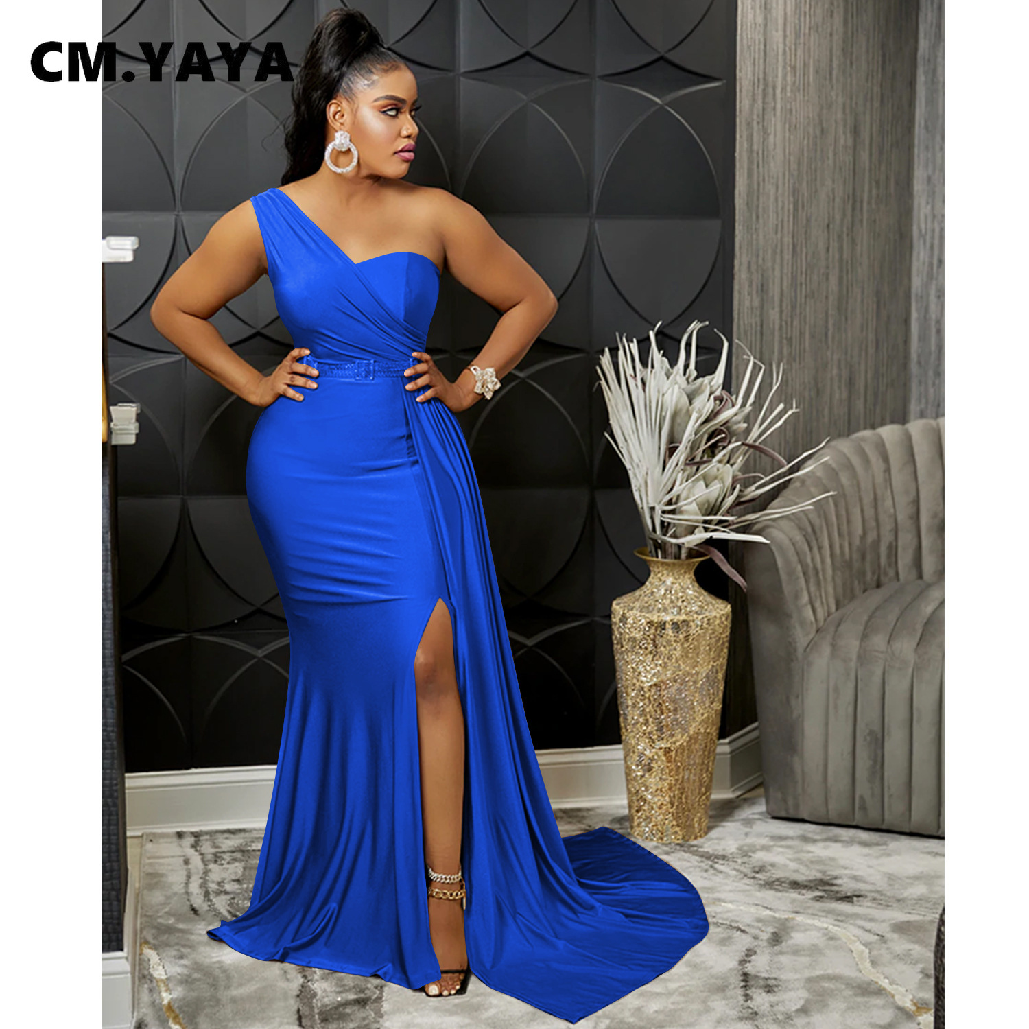CM.YAYA One Shoulder Skew Neck Tassel Side Floor Length Mermaid Long Maxi Dress Women 2022 Sexy Party Club Even Prom Dresses