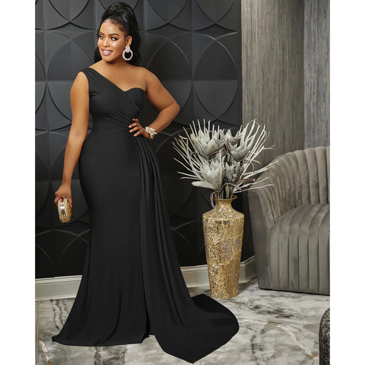 CM.YAYA One Shoulder Skew Neck Tassel Side Floor Length Mermaid Long Maxi Dress Women 2022 Sexy Party Club Even Prom Dresses