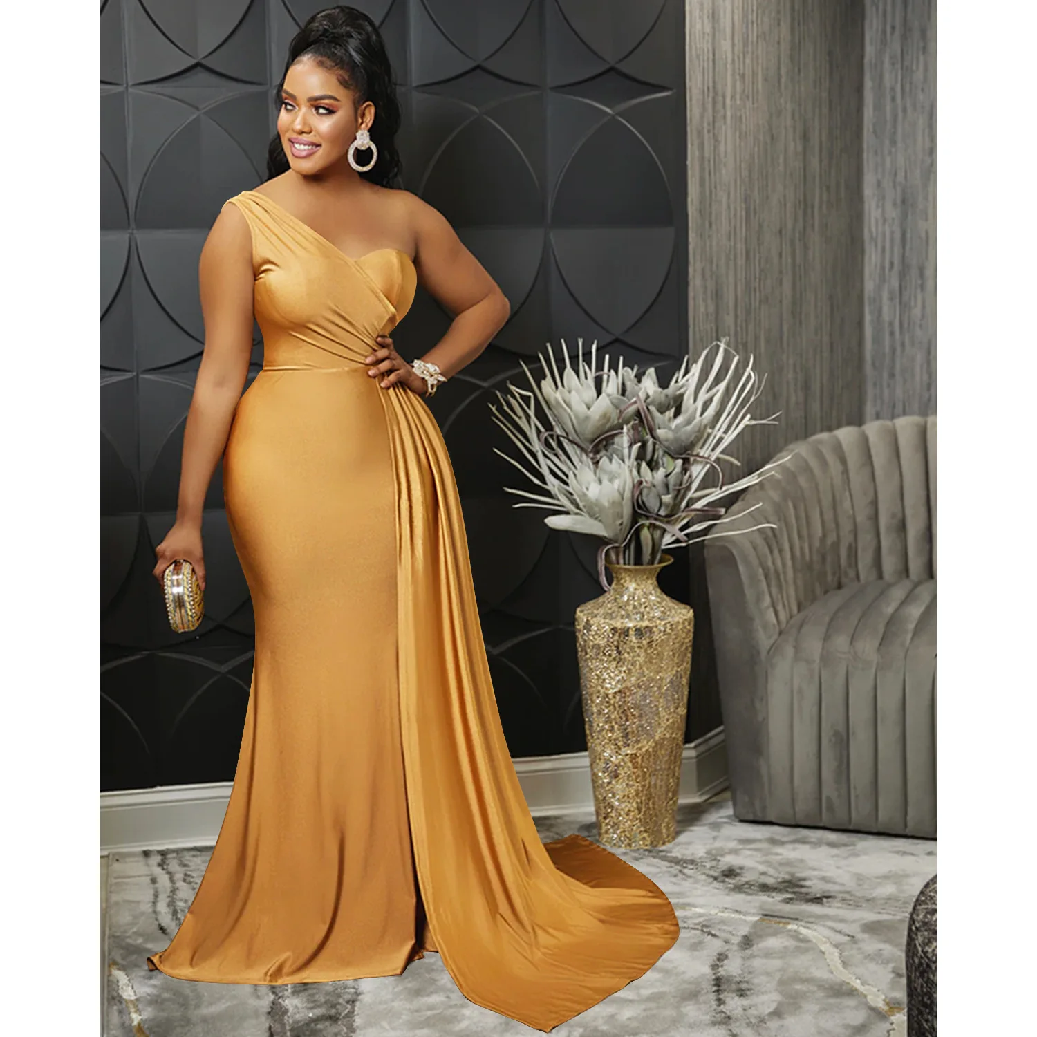 CM.YAYA One Shoulder Skew Neck Tassel Side Floor Length Mermaid Long Maxi Dress Women 2022 Sexy Party Club Even Prom Dresses