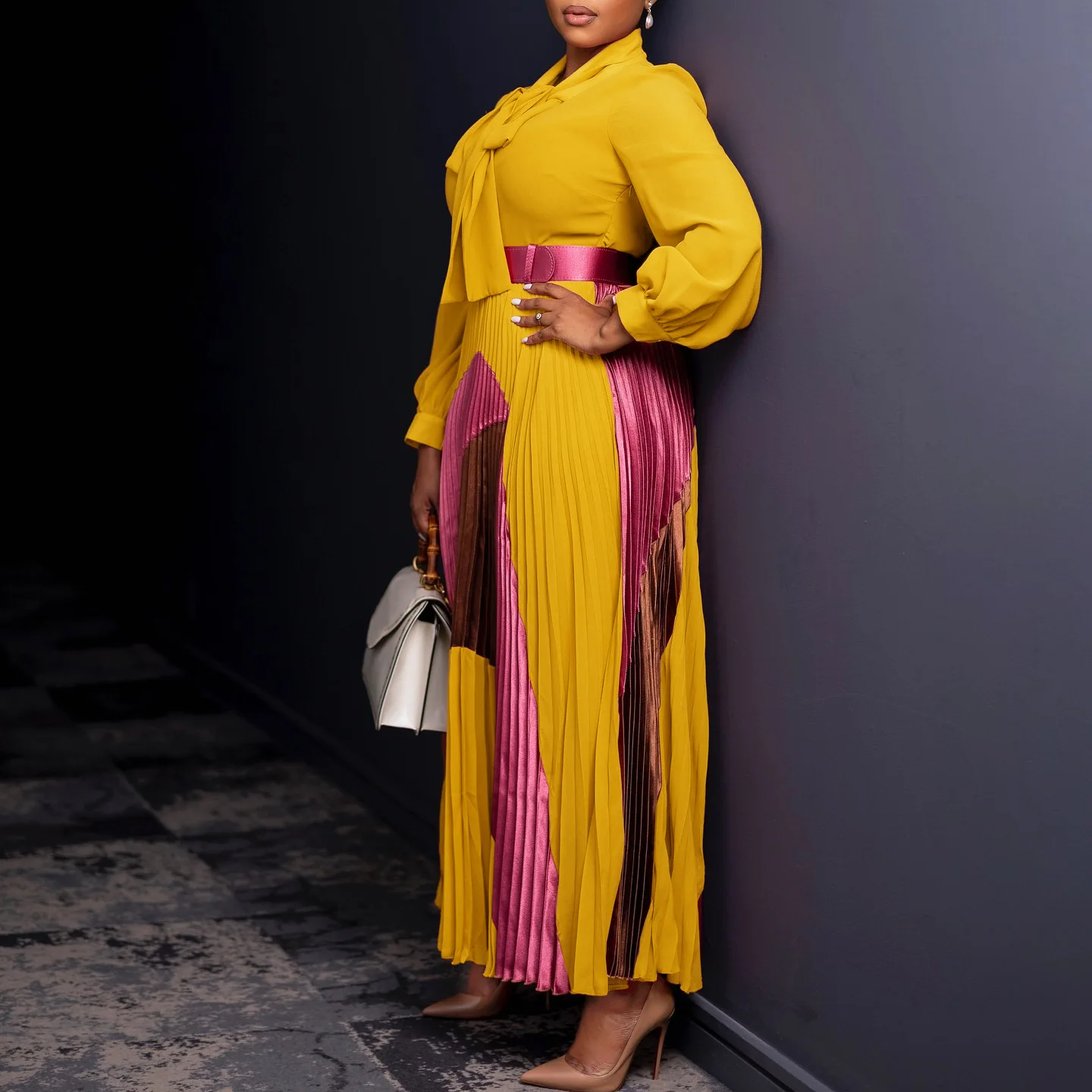 CM.YAYA Elegant Women Wraped Bow Neck Long Sleeve with Sashes Maxi Long Dress Chic INS Sexy Party Prom Big Swing Pleated Dresses CM.YAYA Elegant Women Wraped Bow Neck Long Sleeve with Sashes Maxi Long Dress Chic INS Sexy Party Prom Big Swing Pleated Dresses