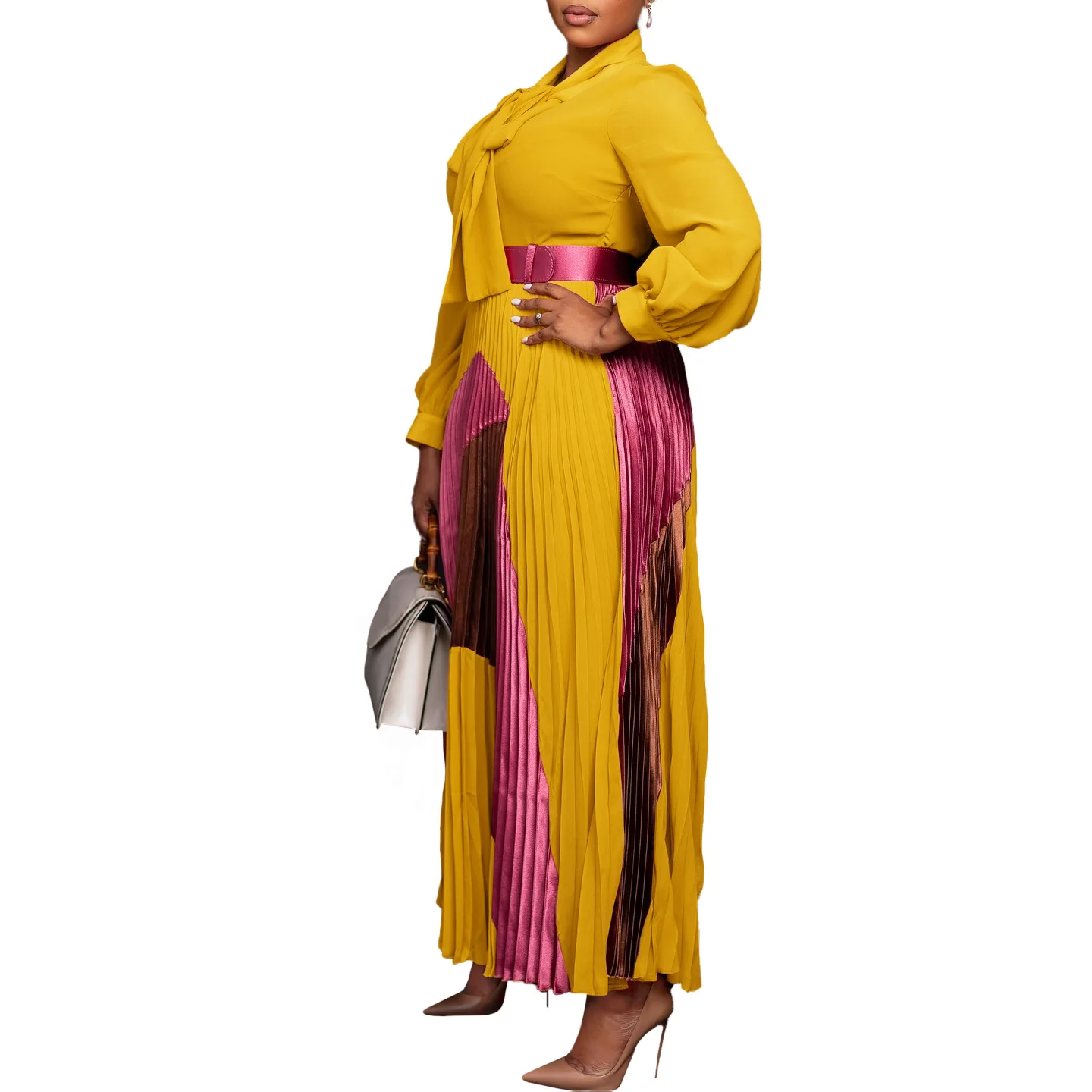 CM.YAYA Elegant Women Wraped Bow Neck Long Sleeve with Sashes Maxi Long Dress Chic INS Sexy Party Prom Big Swing Pleated Dresses