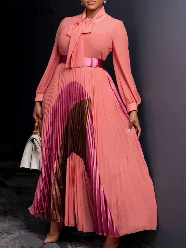 CM.YAYA Elegant Women Wraped Bow Neck Long Sleeve with Sashes Maxi Long Dress Chic INS Sexy Party Prom Big Swing Pleated Dresses CM.YAYA Elegant Women Wraped Bow Neck Long Sleeve with Sashes Maxi Long Dress Chic INS Sexy Party Prom Big Swing Pleated Dresses