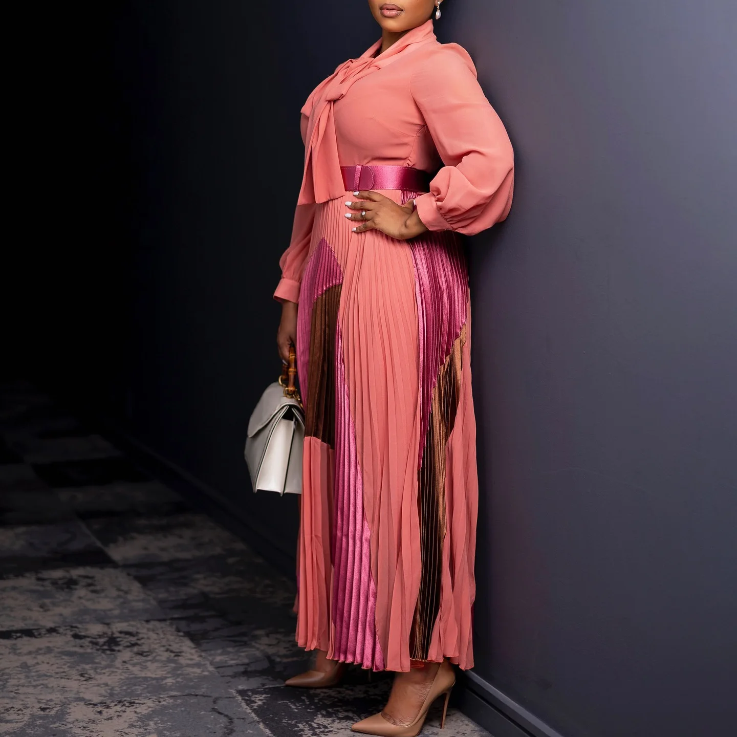 CM.YAYA Elegant Women Wraped Bow Neck Long Sleeve with Sashes Maxi Long Dress Chic INS Sexy Party Prom Big Swing Pleated Dresses