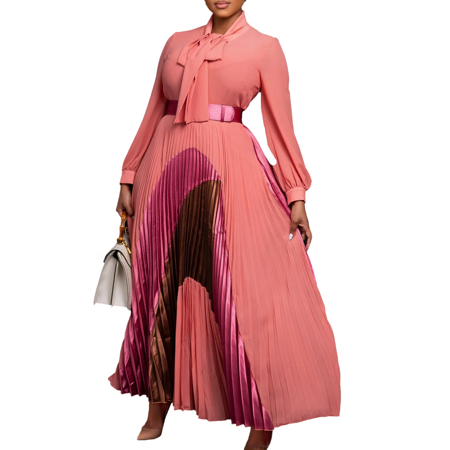CM.YAYA Elegant Women Wraped Bow Neck Long Sleeve with Sashes Maxi Long Dress Chic INS Sexy Party Prom Big Swing Pleated Dresses