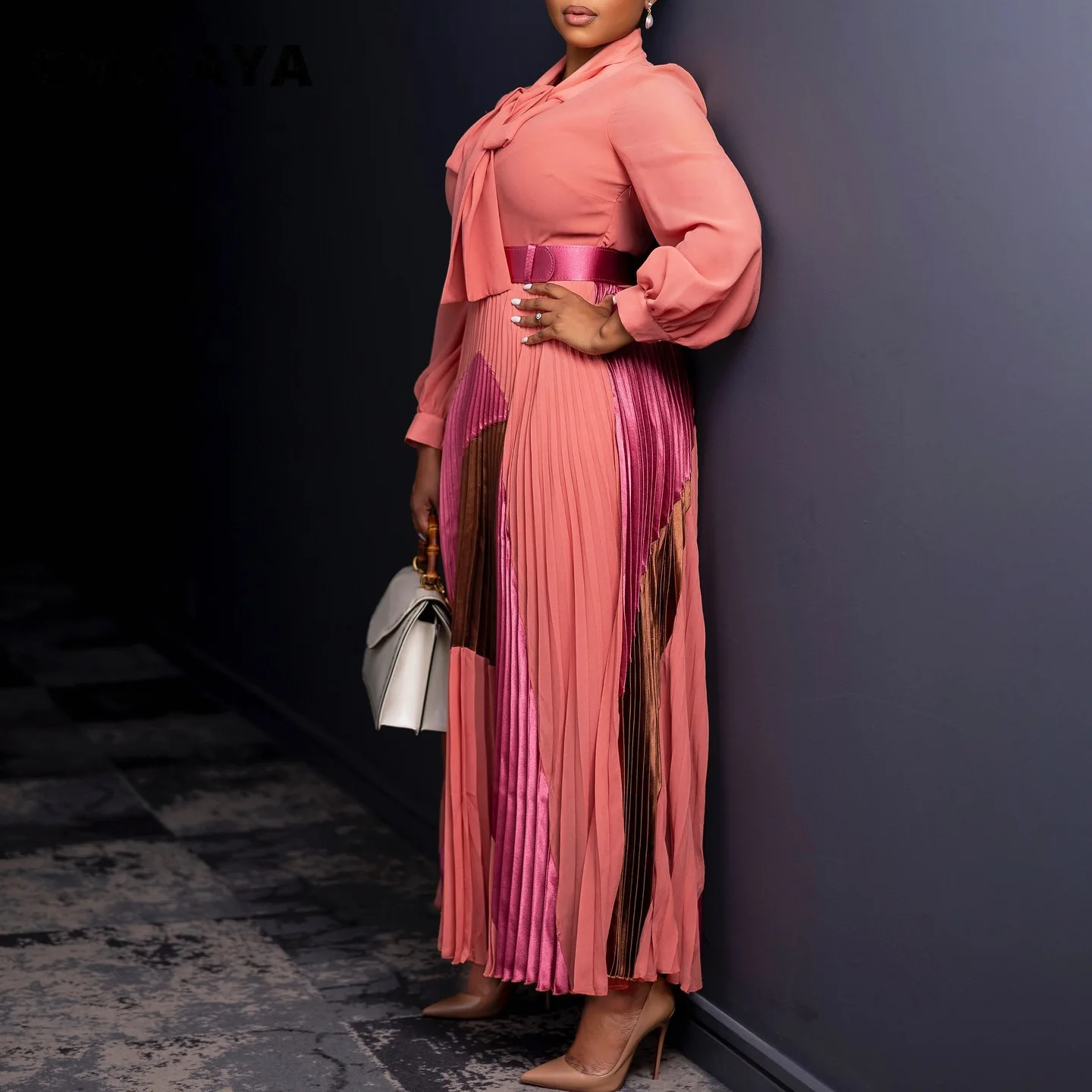 CM.YAYA Elegant Women Wraped Bow Neck Long Sleeve with Sashes Maxi Long Dress Chic INS Sexy Party Prom Big Swing Pleated Dresses CM.YAYA Elegant Women Wraped Bow Neck Long Sleeve with Sashes Maxi Long Dress Chic INS Sexy Party Prom Big Swing Pleated Dresses