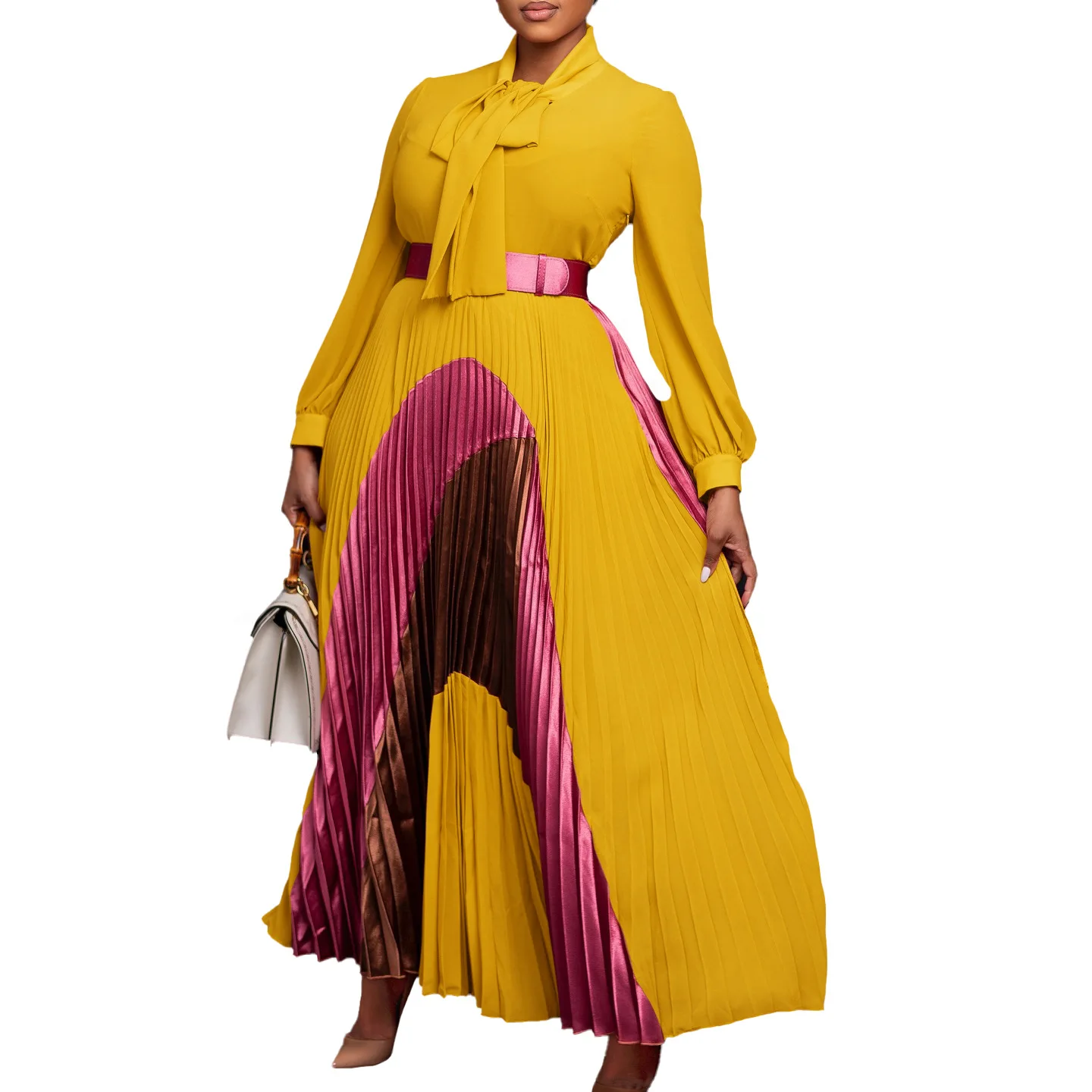 CM.YAYA Elegant Women Wraped Bow Neck Long Sleeve with Sashes Maxi Long Dress Chic INS Sexy Party Prom Big Swing Pleated Dresses