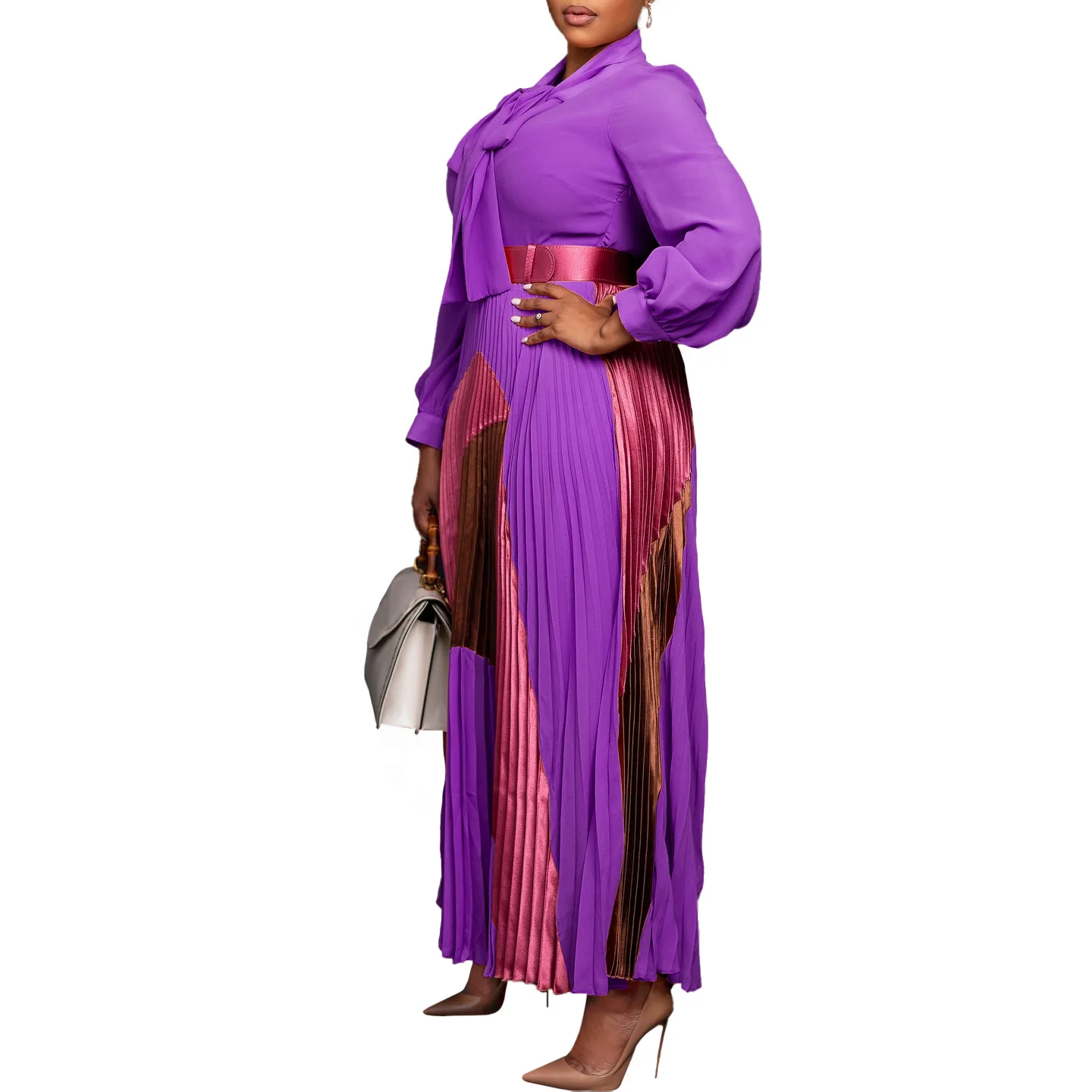 CM.YAYA Elegant Women Wraped Bow Neck Long Sleeve with Sashes Maxi Long Dress Chic INS Sexy Party Prom Big Swing Pleated Dresses