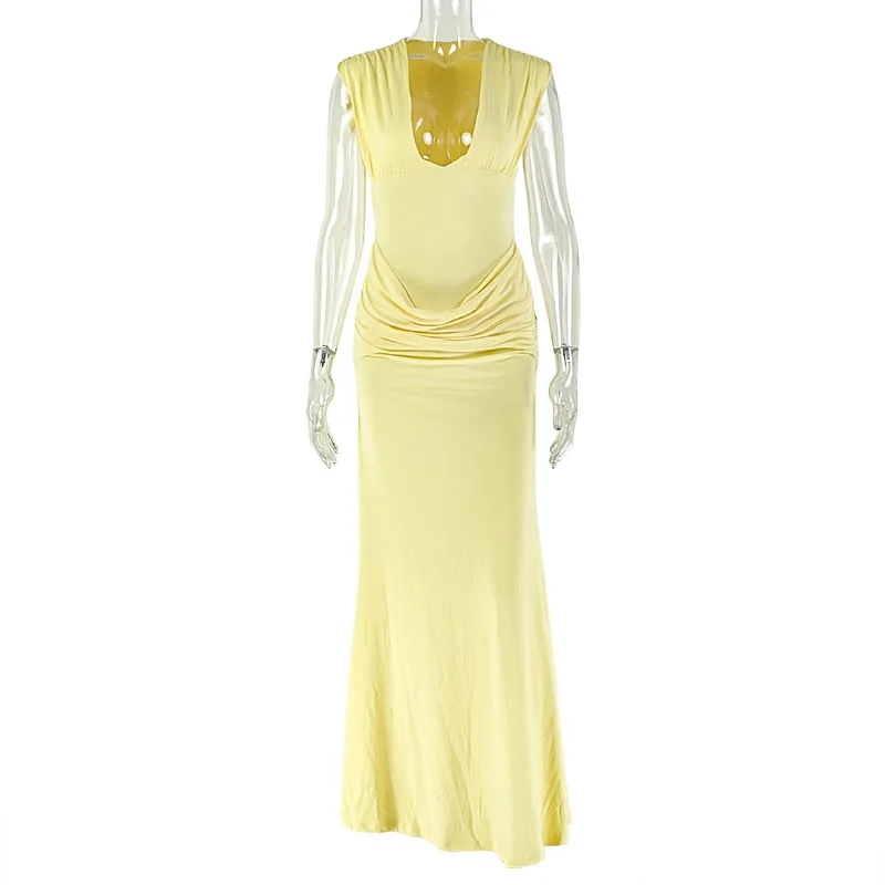 CM.YAYA Women's Deep V-neck Stacked Ruched Waist Bodycon Midi Maxi Formal Dress 2026 Education Party Cocktail Night Out Dresses